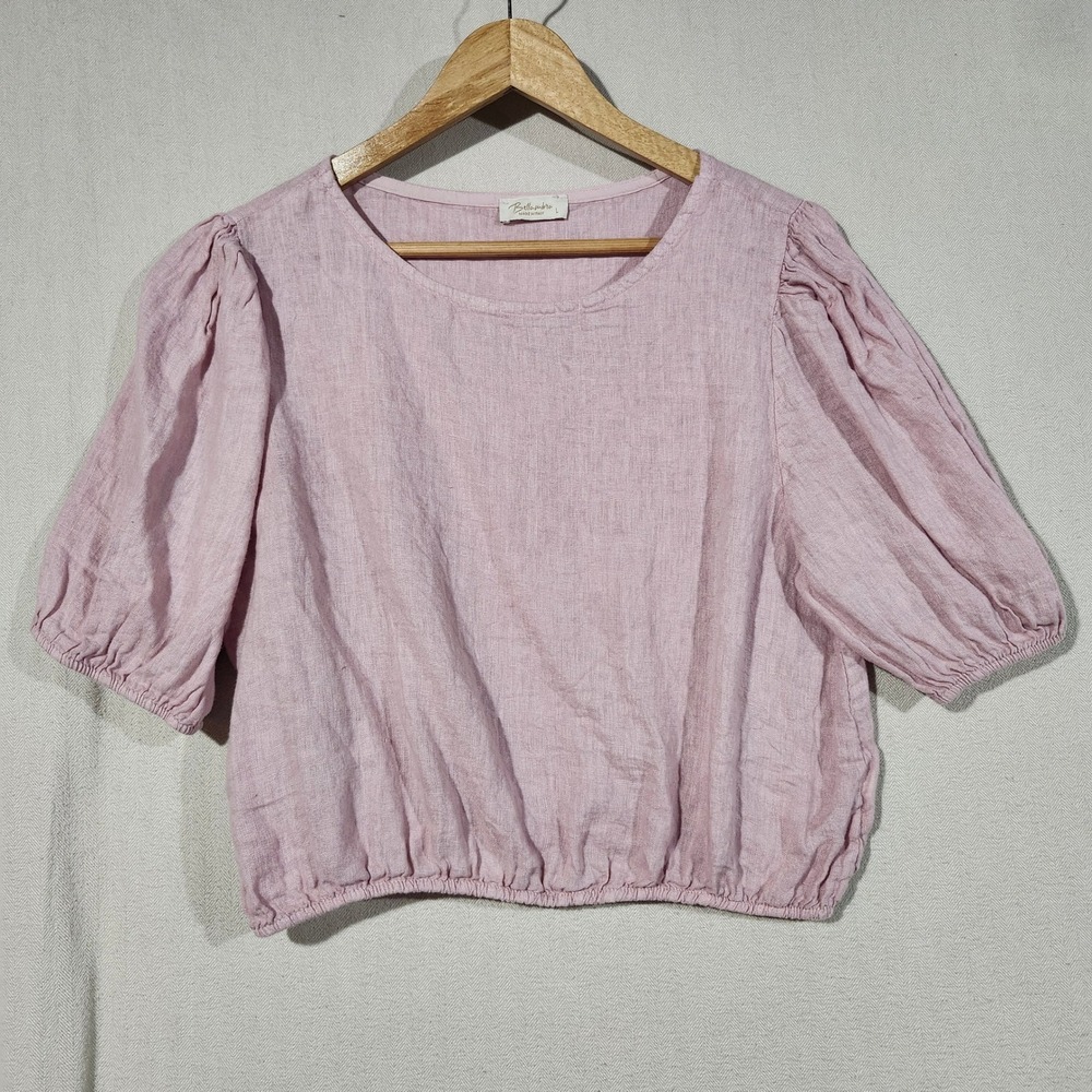 Bellambra Pink 100% Linen Puff Sleeve Blouse Made in Italy Sz L Boho Lagenlook
